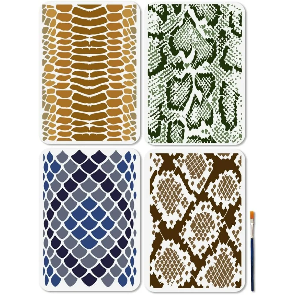 4 Pcs Snake Skin Pattern Stencils Animal Scale 11.7×8.3 Inches Wildlife Drawing with Paint Brush for Wood Wall Home Decoration
