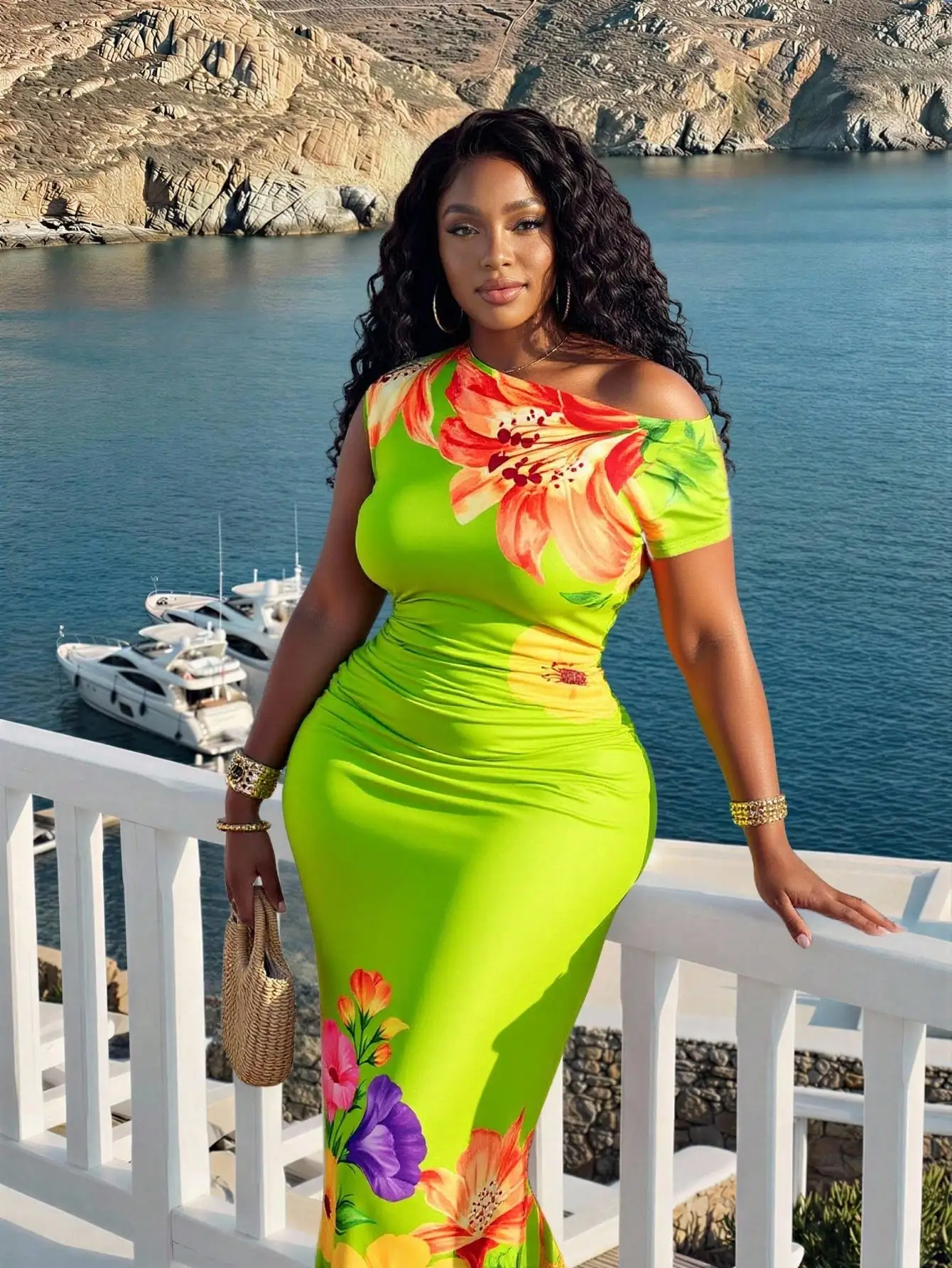 

Lime Green Floral One Shoulder Ruched Waist Bodycon Maxi Dress For Women