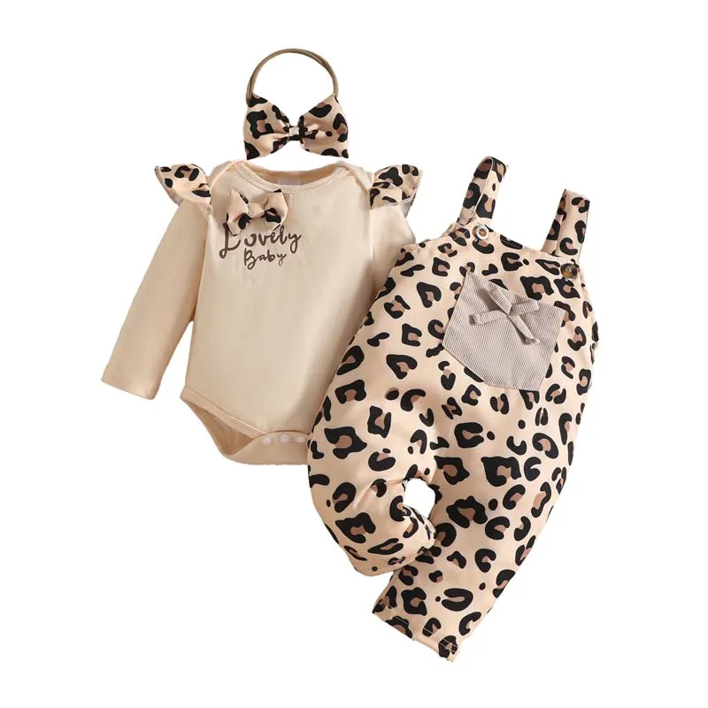 

Autumn Baby Sets 0-18 Months Girl Clothes Long Sleeves Letter Bow Bodysuit+Leopard Suspenders Pants+Hairband Infant Outfits