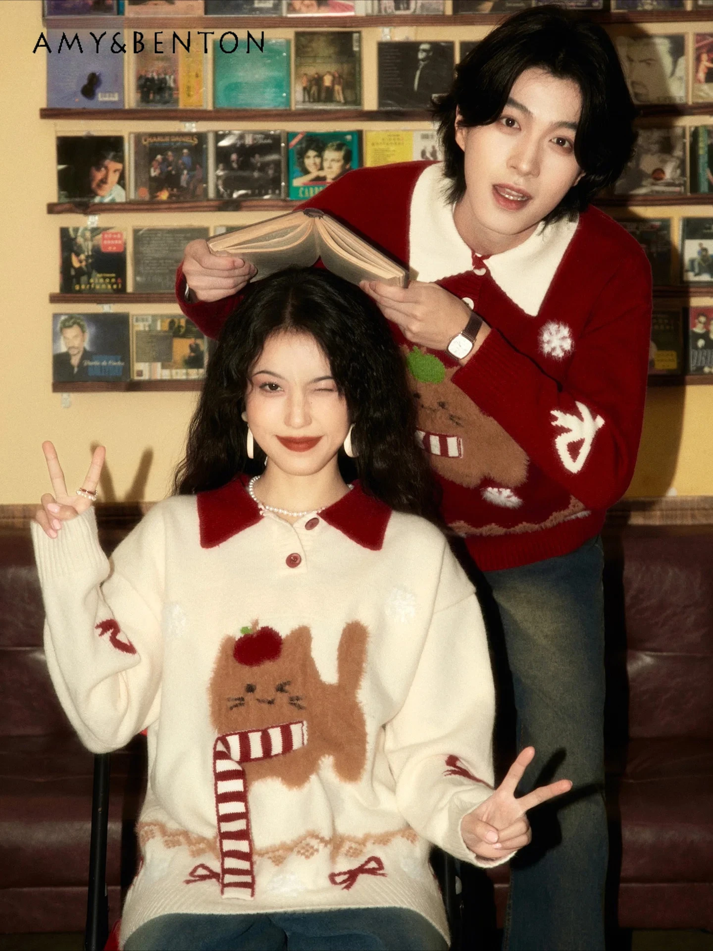 

Autumn Winter New Retro College Style Women's Christmas Cat Embroidered Apricot Sweater Couple Red Casual Cute Knitted Sweater