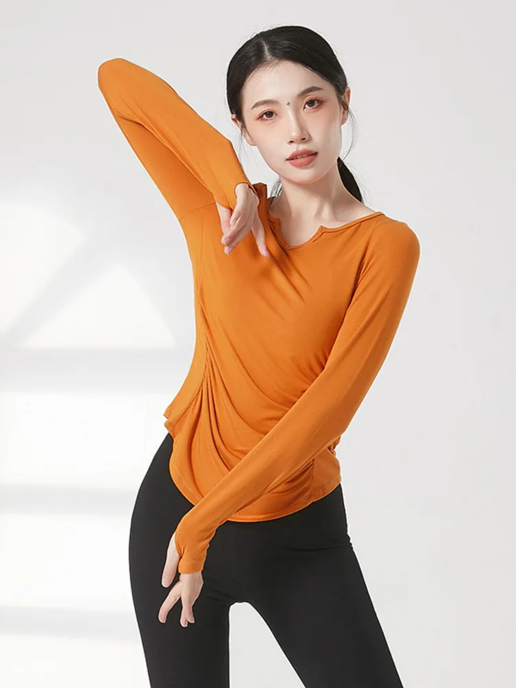 Long Sleeves Kpop Stage Costume Latin Dance Women Tops Line Jazz Solid Color Chinese Folk Classic Pleated Female T-shirt