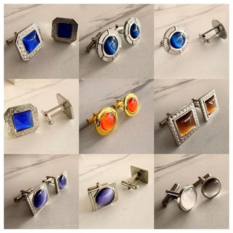 Luxury Men French Shirt Cufflinks Round Crystal Zircon Blue Green Cat's Eye Cufflinks Exquisite Wedding Groom Accessories