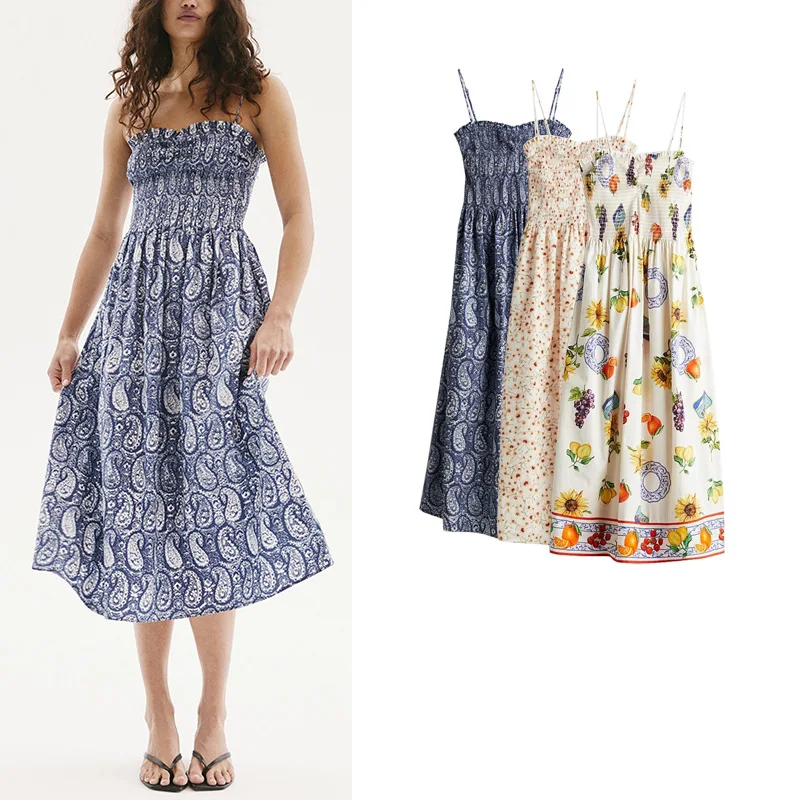 فستان نسائي صيفي بياقة على شكل قلب، فستان متوسط الطول بدون أكتاف، فستان كاجوال بخصر مرتفع من ألياف البوليستر