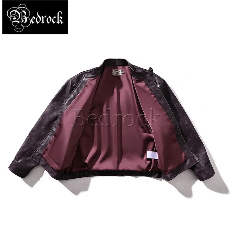 MBBCAR Vintage Men's Leather Jacket Washed Distressed Purple Plaid Patchwork Short Wide Racing J100 Motorcycle Jacket Warm Coat