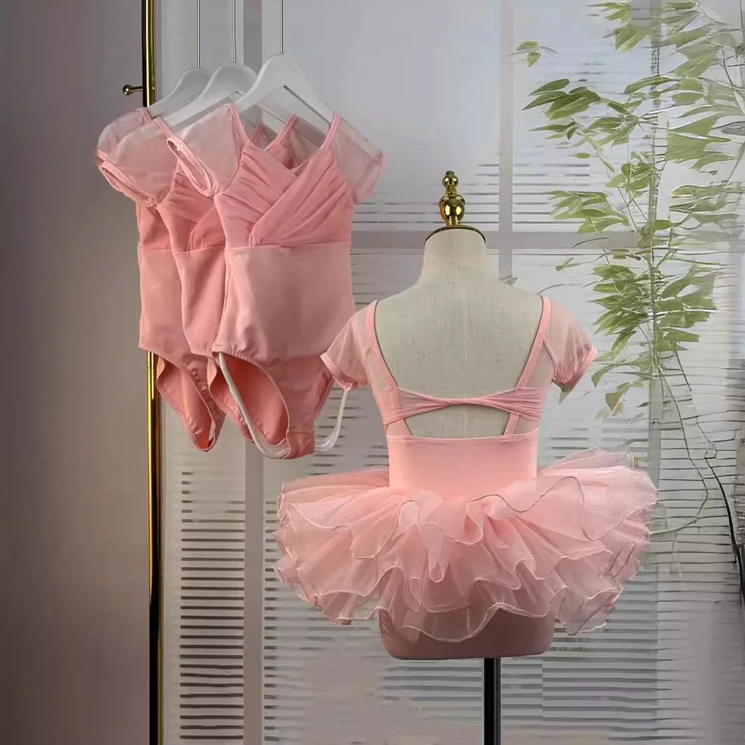 Vestido de baile para niñas, vestido de práctica, manga corta, malla, ballet, gimnasia