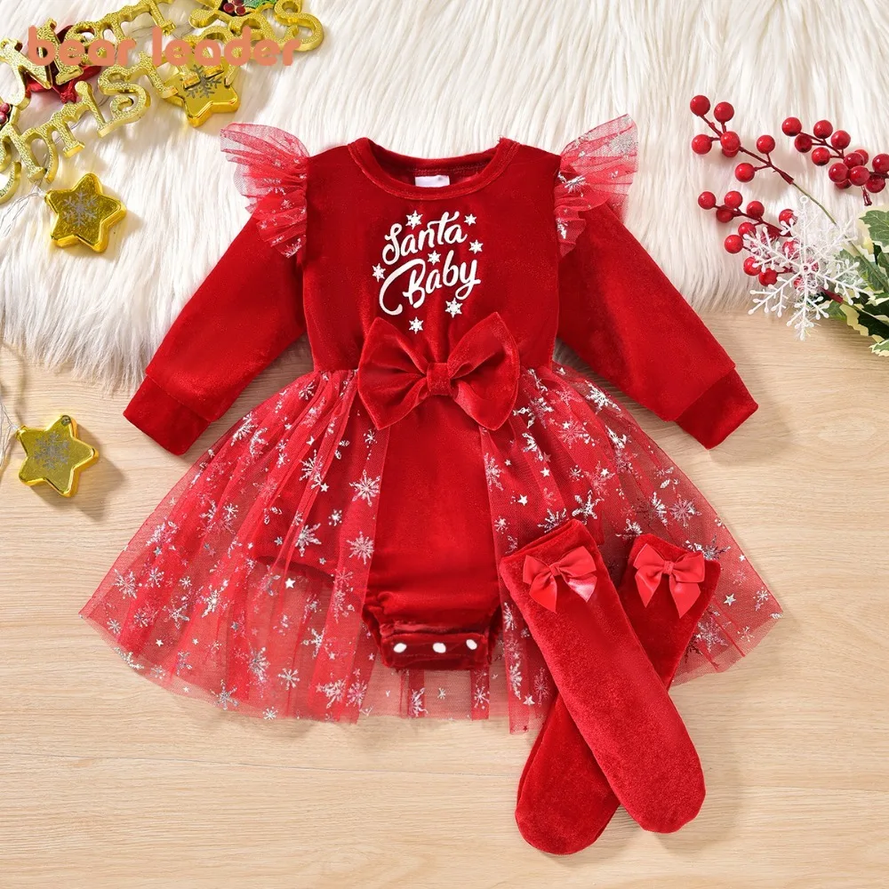 

Bear Leader Christmas Baby Dress Autumn Bow Letter Printed Long Sleeved Bodysuits Socks Set Red New Year's Baby Girl Romper