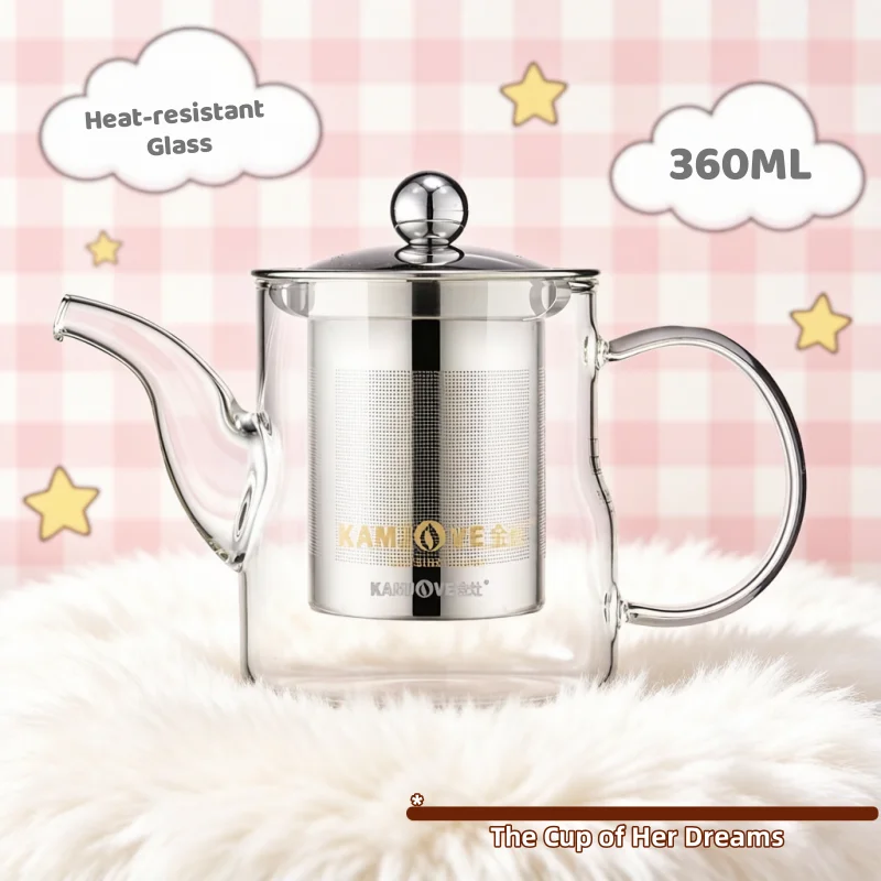 

KAMJOVE Girl's Dream Flower Tea Cup 360ML ,Heat-resistant Glass Tea Pot with 304 Stainless Steel Infuser Basket,Cute Water Cup