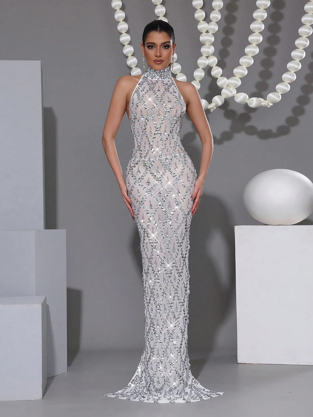 

Luxury Sparkling Crystal Diamond Sequin High Neck Mesh Bodycon Dress Wedding Evening Party Formal Bridesmaid Gown