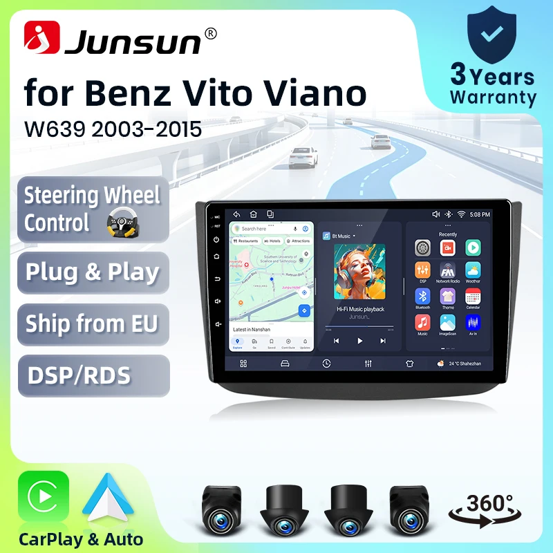 Autoradio sans fil Junsun CarPlay Android Auto pour Mercedes-Benz Vito / Viano (W639) 2003-2014 avec ventilateur de refroidissement intégré, navigation GPS Android, lecteur multimédia, WiFi, DSP, RDS, BT, SWC, écran tactile IPS, autoradio, lecteur vidéo, unité principale, stéréo