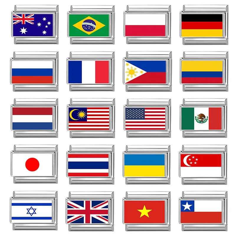 Wholesale 2025New Stianless Steel World National Flag Colorful Italian Charm Fit 9mm Bracelet Link Hand Chain DIY Making Jewelry image 3