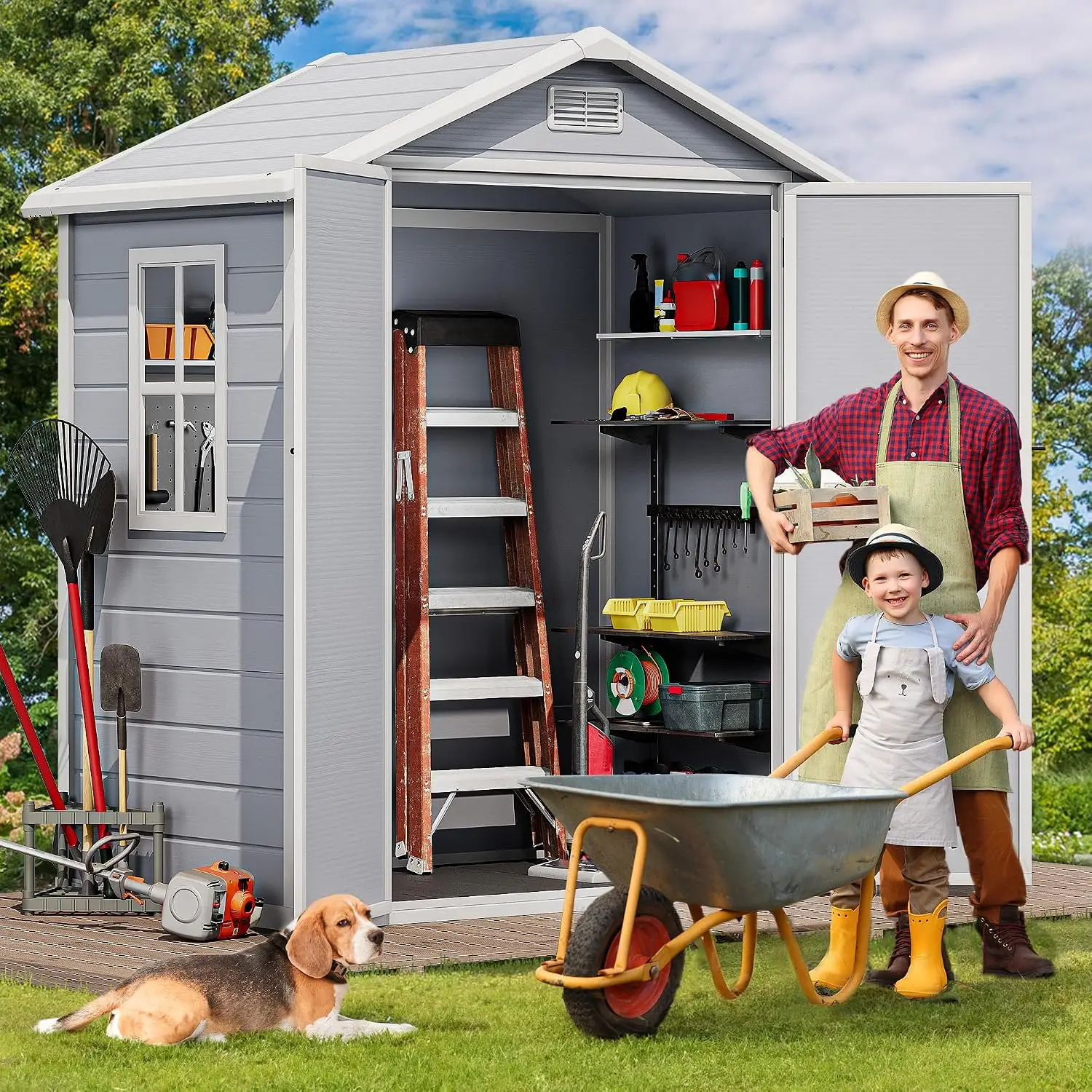 ^6x4 FT Outdoor Resin Storage Shed with Reinforced Floor, All-Weather Bike Storage Shed with Lockable Door, Window and Vent