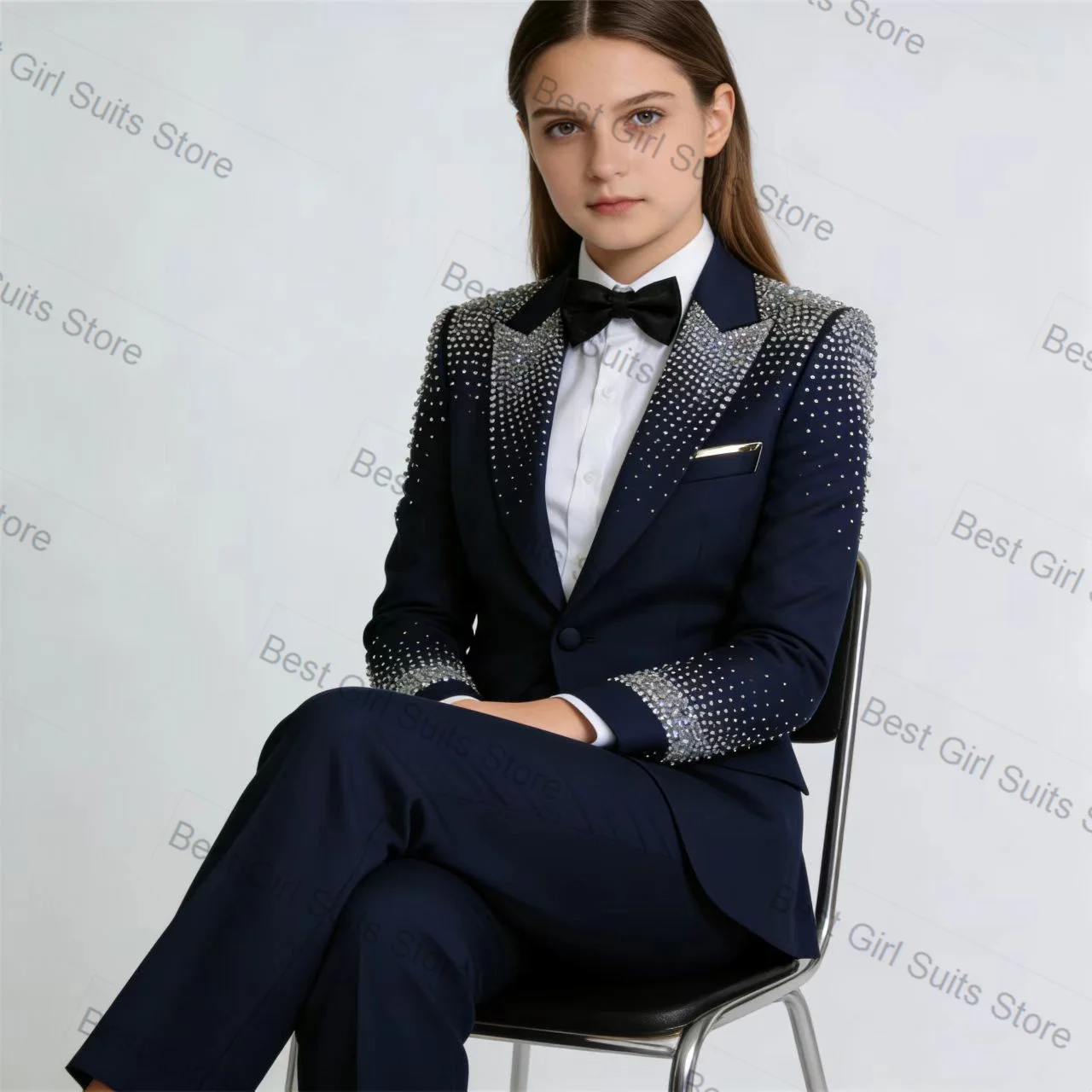 

Crystals Navy Blue Women Suit Set 2 Piece Blazer+Pants Trousers Spring Formal Office Lady Jacket Customized Wedding Coat