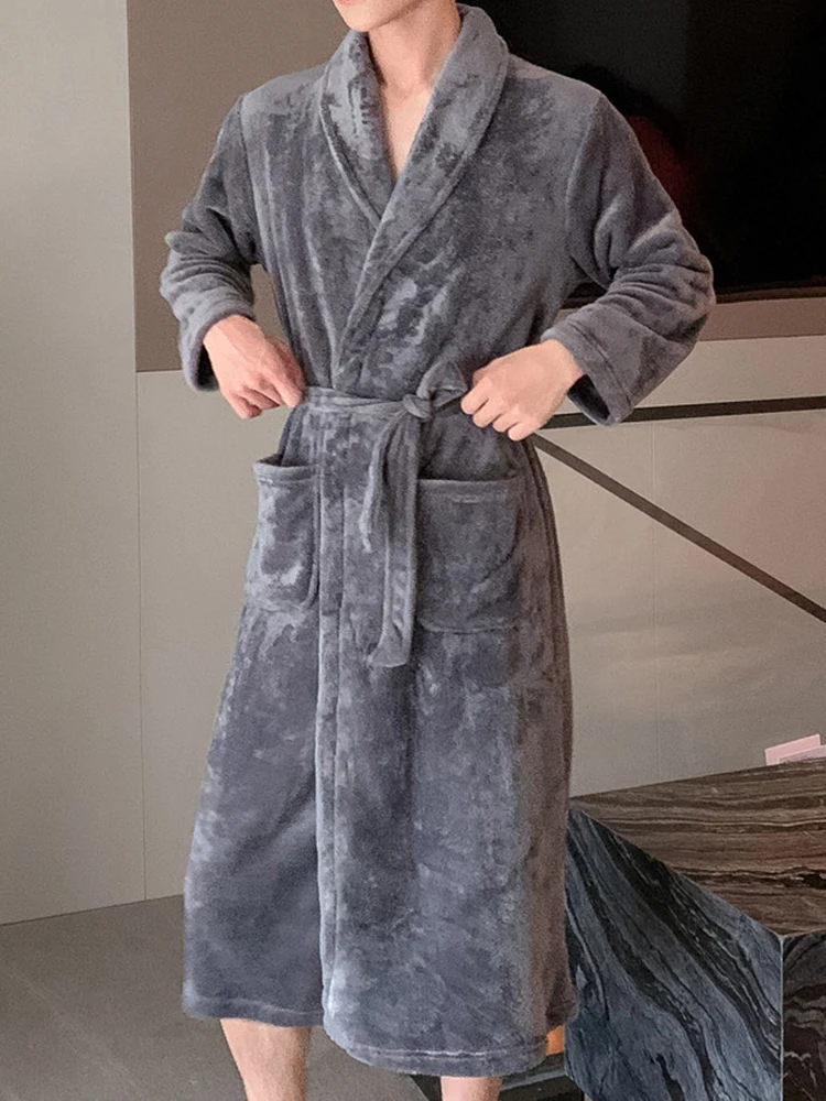 남성용 두꺼운 코랄 플리스 로브 잠옷 가을 겨울 봄 스타일 플러시 목욕 가운 긴 가운 모닝 코트 폴리에스터 섬유