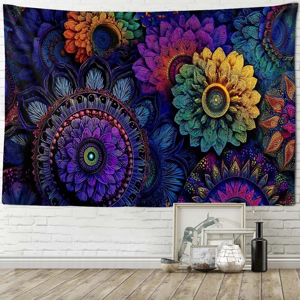 

Retro floral tapestry, geometric fractal psychedelic art wall hanging cloth, fashionable home and dormitory wall decoration