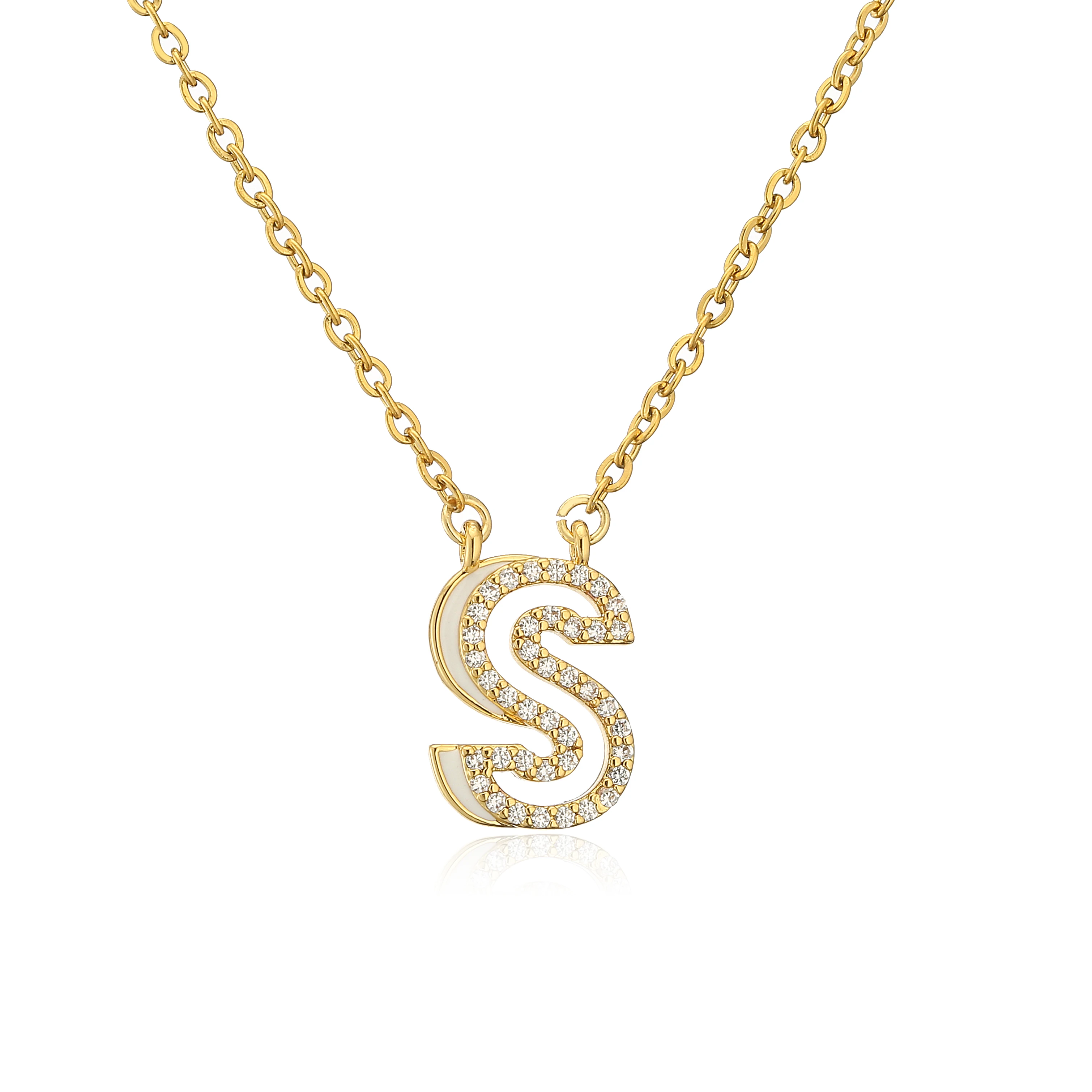 18K Gold Plated Brass Initial Letter CZ Necklace For Women Cubic Zirconia Inlaid Enamel Alphabet Pendant Jewelry Gift