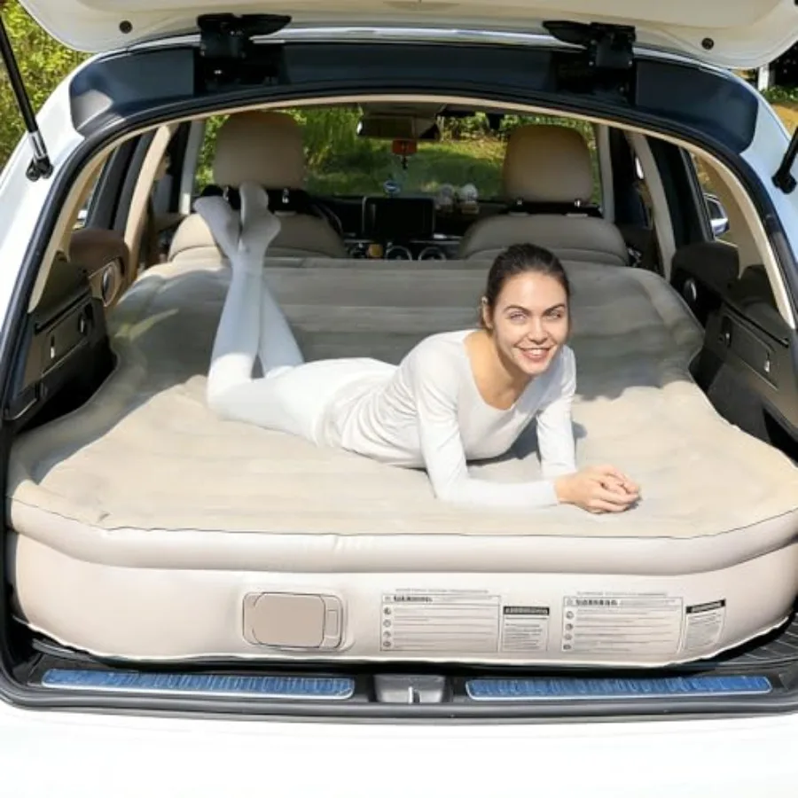 

SUV Air Mattress for Camping, Travel, Truck Thickened Flocked PVC, Khaki, Built-in Pump 2 Pillows, Inflates in 90 Seconds, Port