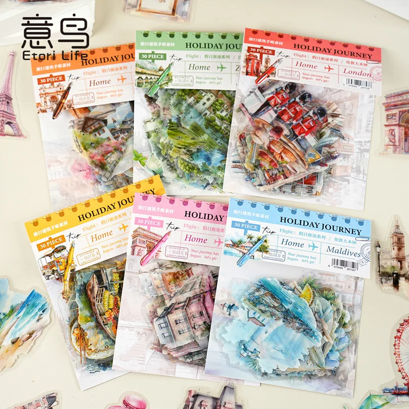 30pcs/pack Transparent Sticker Bag Holiday Trip London Paris Swiss Thai Maldives Landscape for Journaling Scrapbook Collages