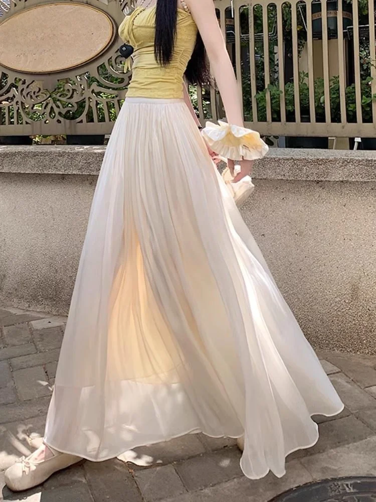 

iny Light Flowing Silk f Skirt Women's Summer Thin Elastic Waist Dra A-Line Umbrella Skirt Pleated Long Skirt