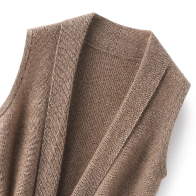 Women\'s Autumn/Winter Sleeveless Lapel Cardigan Vest 100% Merino Wool Sweater Basic Soft Knit Drawstring Vest Korean Top