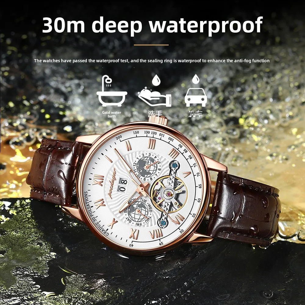 POEDAGAR Men Automatic Mechanical Watch Skeleton World Map Dial Week Date Luminous Waterproof Leather Band Business Wristwatch