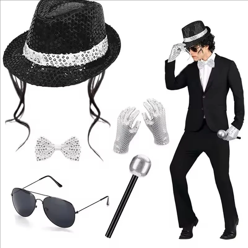 Conjunto de Sombrero, Corbata y Guantes con Lentejuelas Brillantes de Michael Jackson, Estilo Disco, Disfraz para Fiesta de Halloween, Traje para Actuación en Halloween