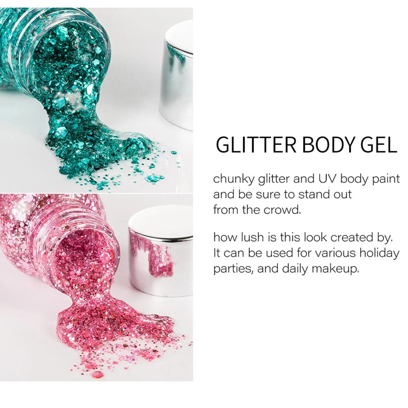 Ombretto liquido a lunga durata in gel glitterato per il corpo a sirena impermeabile con grandi paillettes per capelli e scintille per il corpo