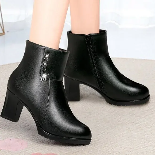 Fashion Leather Women Winter Ankle Boots Side Zipper High Heels Shoes Warm Thick Plush Snow Boots for Women Botines De Mujer