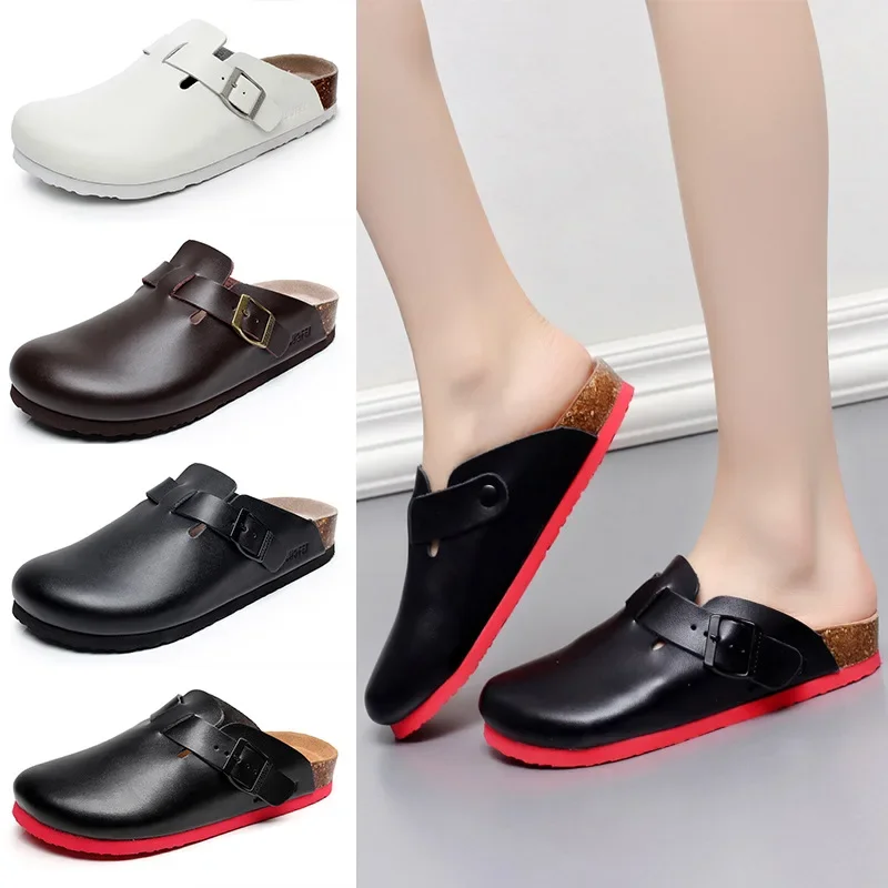 Woman Man Clogs Sandals Couple Slippers Retro Cowhide Solid Color Belt Buckle Flat Shoes Flat Footwear Mules Plus Size 45 46