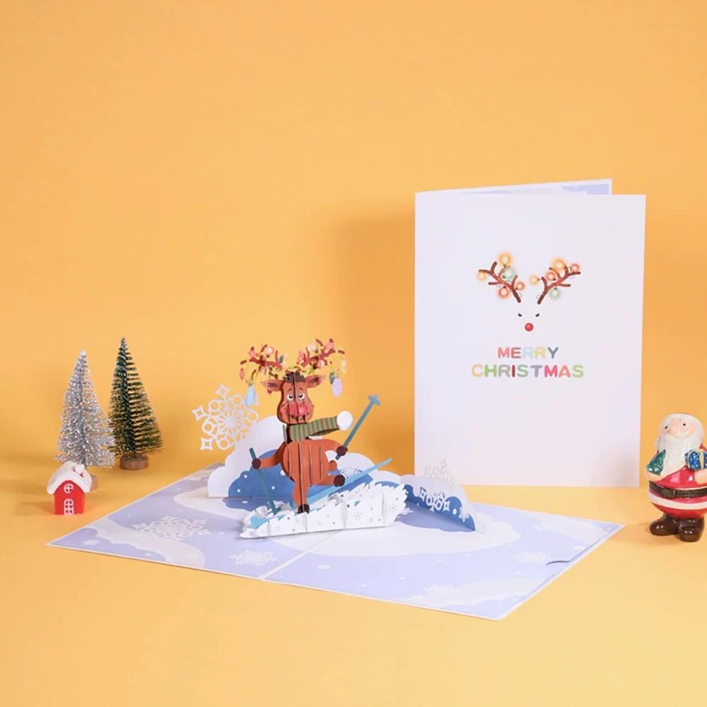 【Three-dimensional cardboard】Christmas 3D Greeting Card Skiing Reindeer Paper Carving Handmade Creative Blessing Message Card
