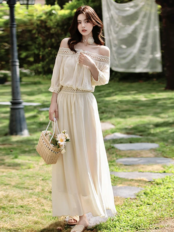 

Sweet And Gentle High Waist Skirt One Shoulder Top Two Piece Set Chic Summer Fashion for Young Women Anti-Wrinkle Medium...