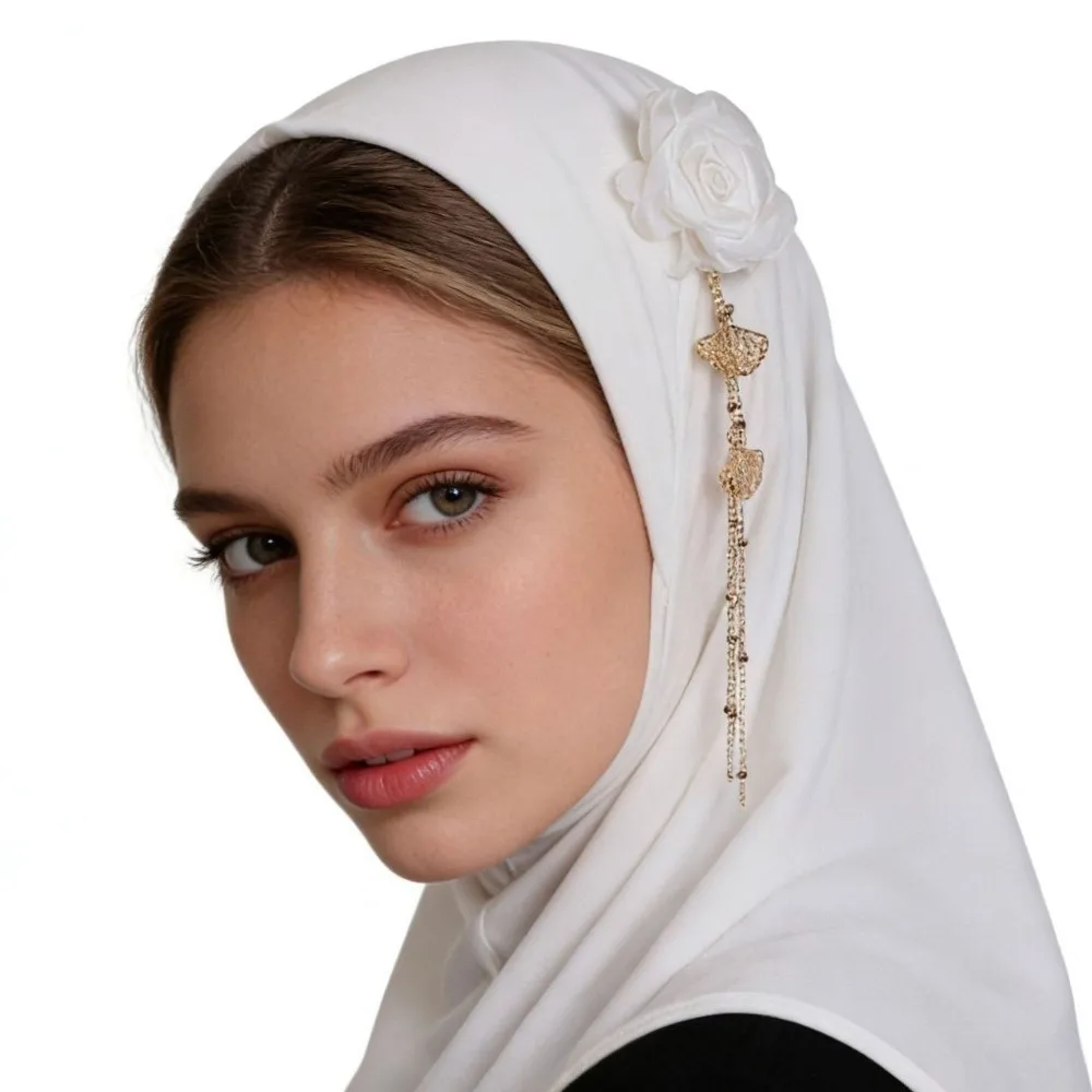 Fashionable Round Edge 3D Flower Tassel Hijab Solid Color Stretch Head Wrap Lightweight High-Elasticity Headwear Traditional