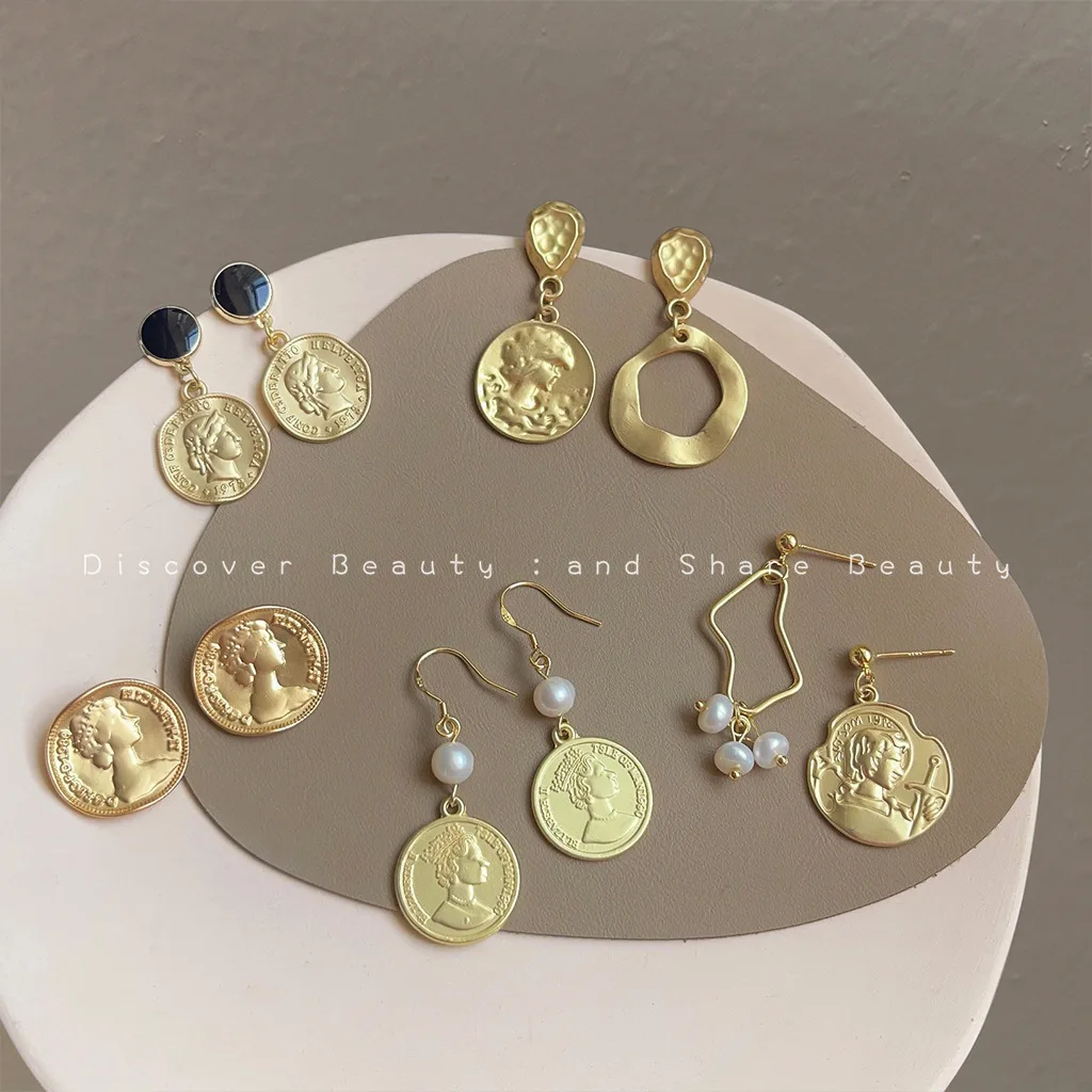 DIY accessories Baroque style freshwater pearl earrings women's niche retro gold coin portrait stud earrings personalized design