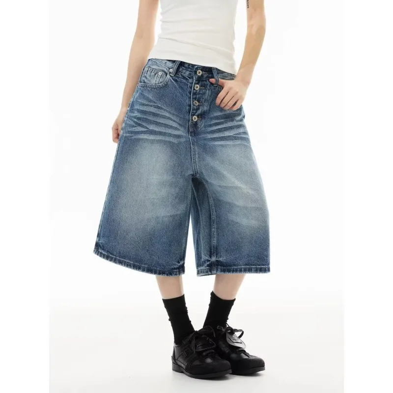 Summer Women's Cat Whisker Breasted Denim Shorts High Waist Half Trousers Wide Leg Streetwear Female Unisex Calf-length Pants