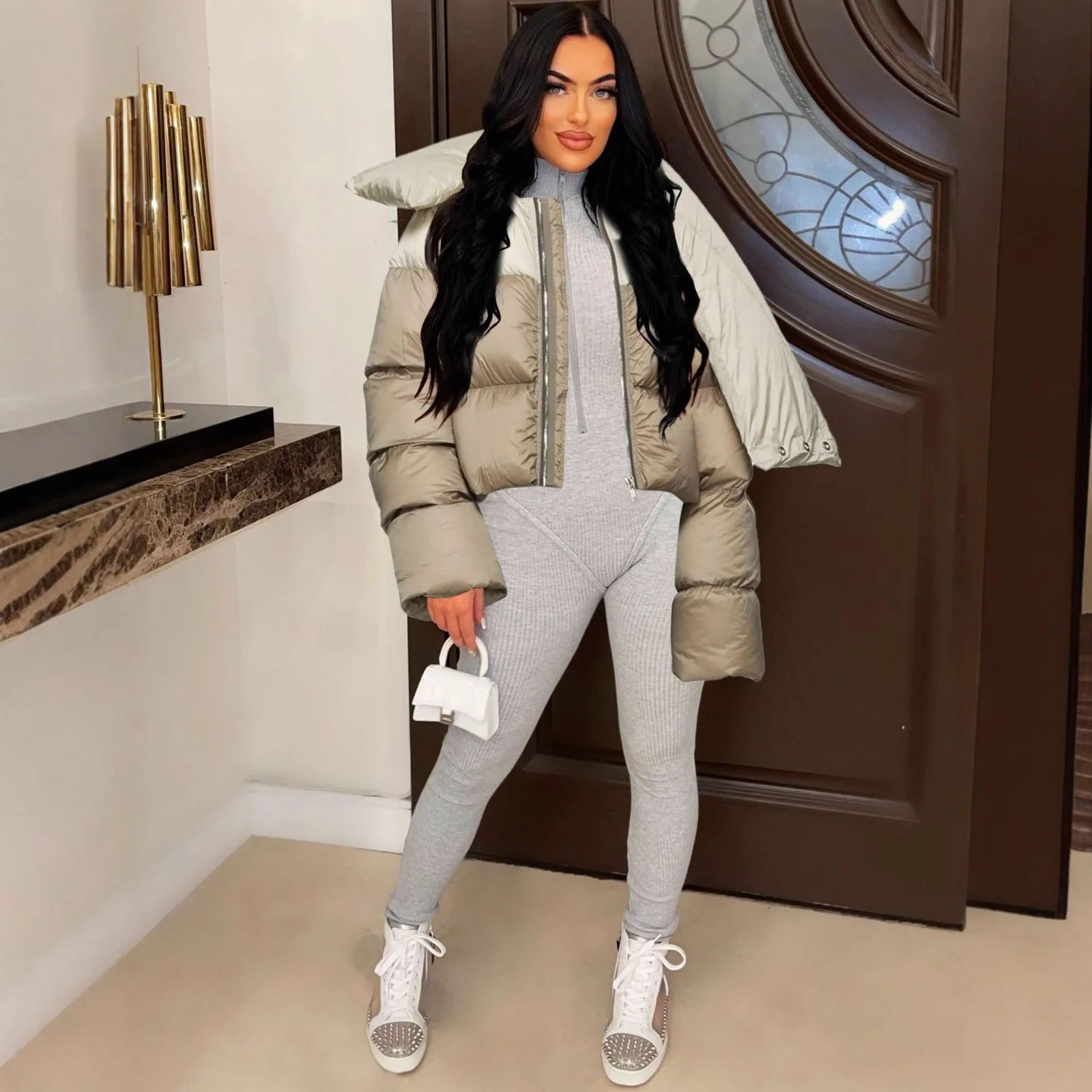 Winter Style Long Sleeve Short Length Zipper Closure Solid Color Fashionable High Collar Scarf Design Women's Cotton Jacket Coat