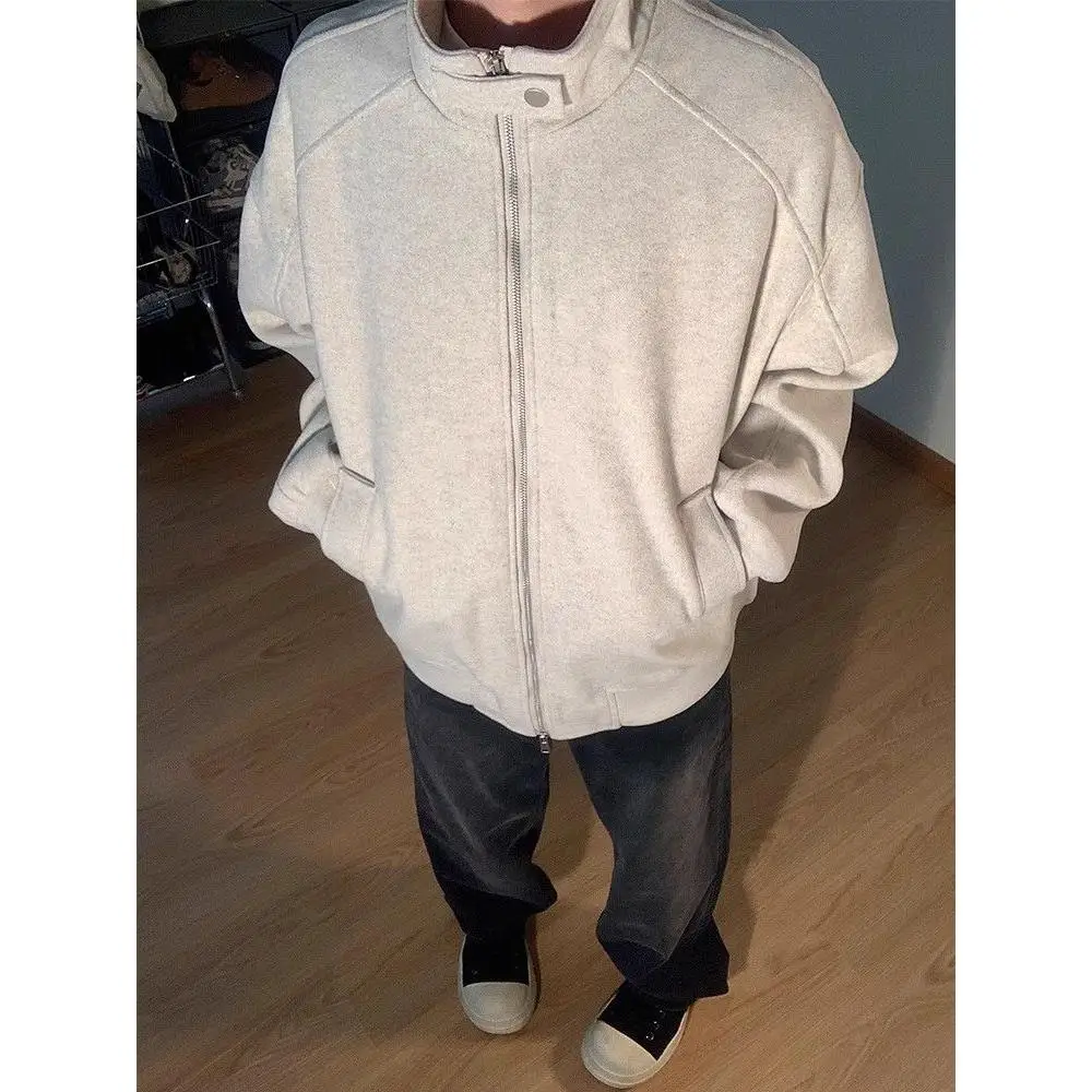 

Autumn Winter New Sle Trendy Brand Stand Collar Spor American Woolen Material Sweatirt ex Retro Couple Jaet Design