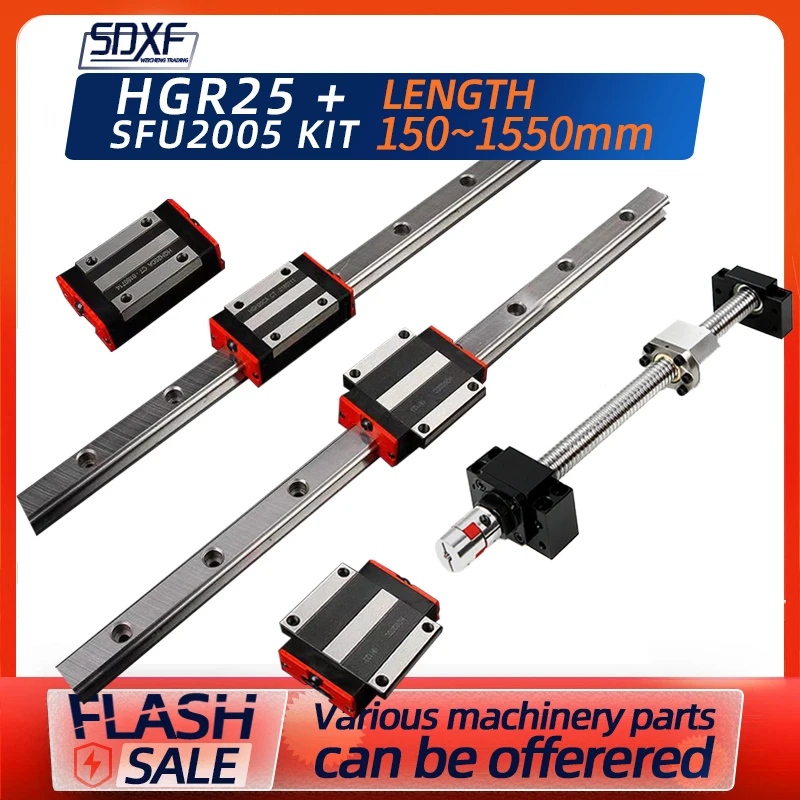 2 set HGR25 HGR25 Linear Guide Rail & 4 HGH25CA HGW25CC slides +SFU2005 Ball screw & BF15/BK15 +Stepper Coupling for CNC