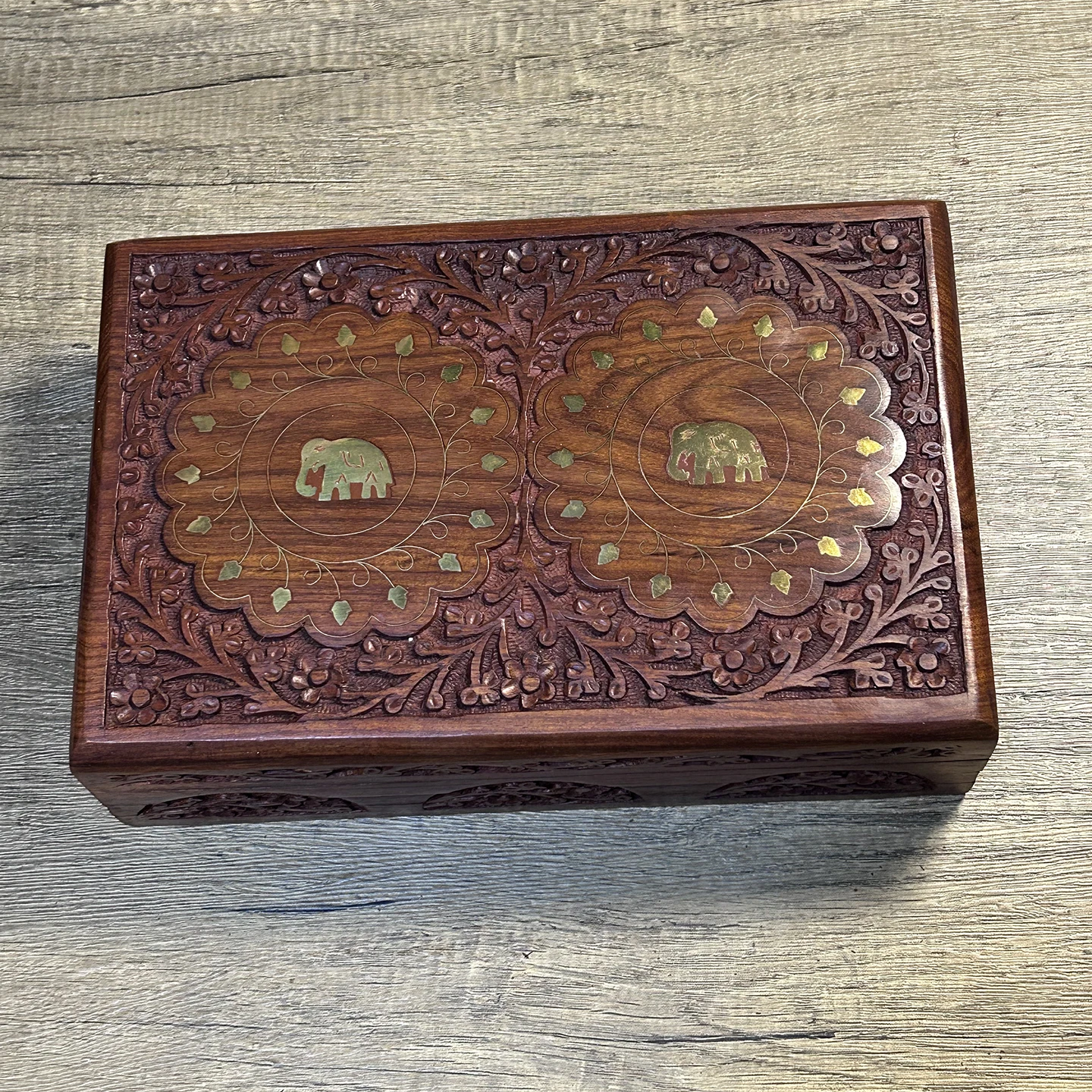 

Hand Carved Solid Wood Elephant Box with Copper Inlay Secret Lock Jewelry Coin Storage Case