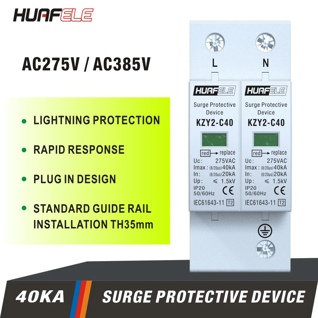 KZY2-C40 2P AC 275V 20KA-40KA Lightning Protector Surge Protective Device SPD  with PE House Safety Electricity Protector