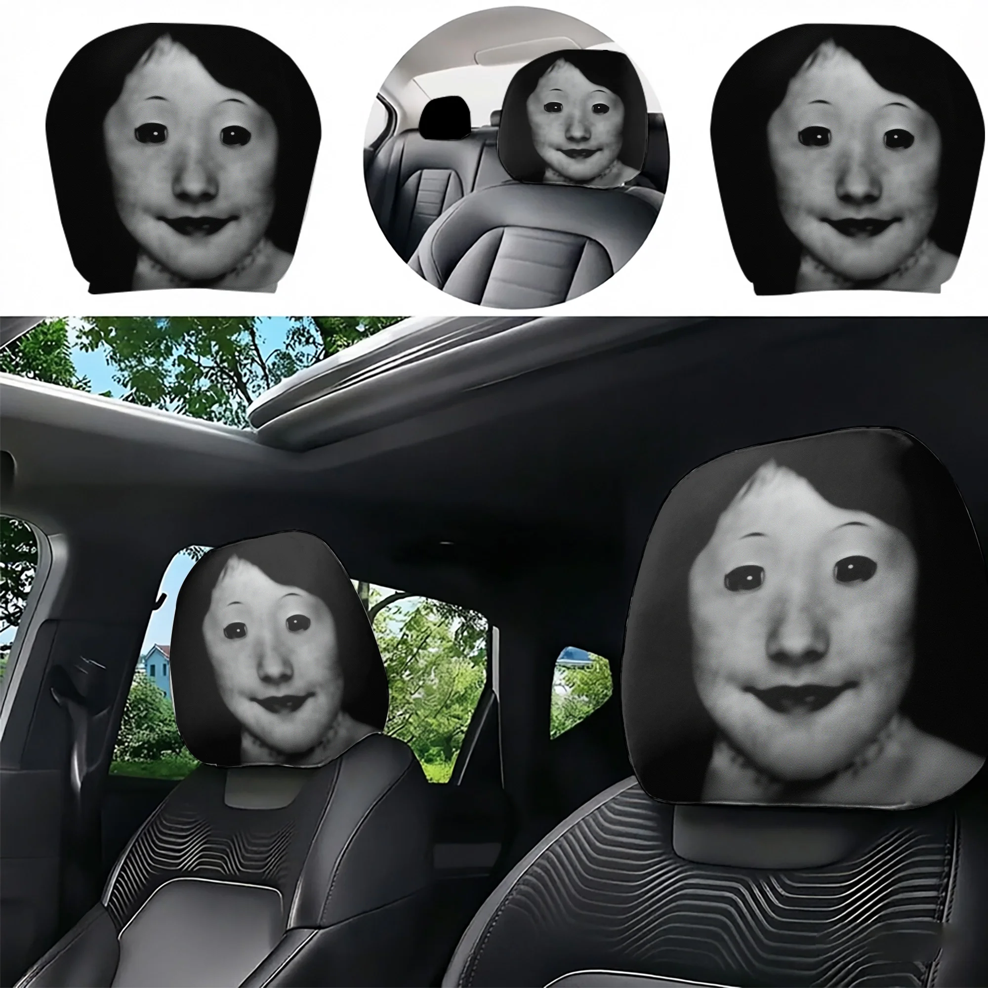 2pcs car headrest covers with spooky doll face designs, adding a uniquely spine-chilling atmosphere to your car interior. Does n