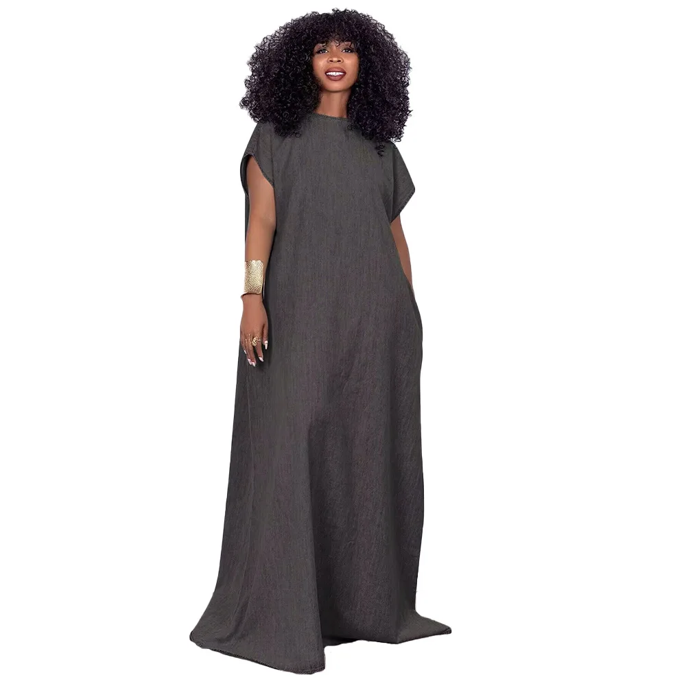 Women\'s Summer Vintage Loose Deep V Backless Dress 2024 Casual and Slouchy Denim Short Sleeve Long Viscose Women Dress LOOSE