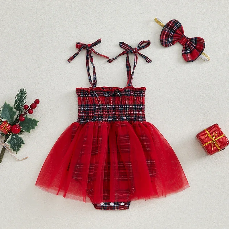 

Baby Girl Romper Dress Casual Plaid Print Summer Sleeveless Jumpsuit and Headband Set Fashion Christmas Clothes Outfits