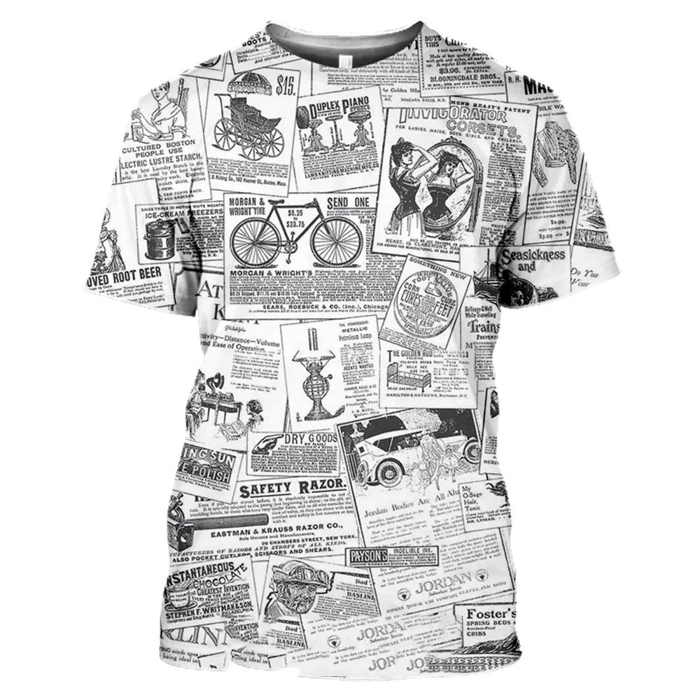 

Classic 3D Printed Men's T-Shirt Vintage Old Newspaper Casual Fashion Hip Hop Funny Loose Short Sleeve Street Trend Top Shirt