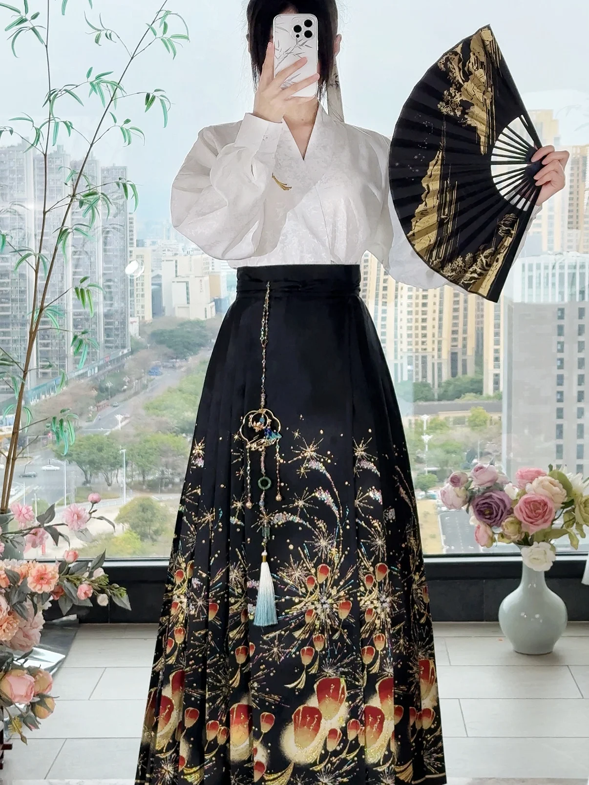 

Юбка миди XuHui с цветочной вышивкой и имитацией золота, с высокой талией, А-силуэт, для повседневной носки