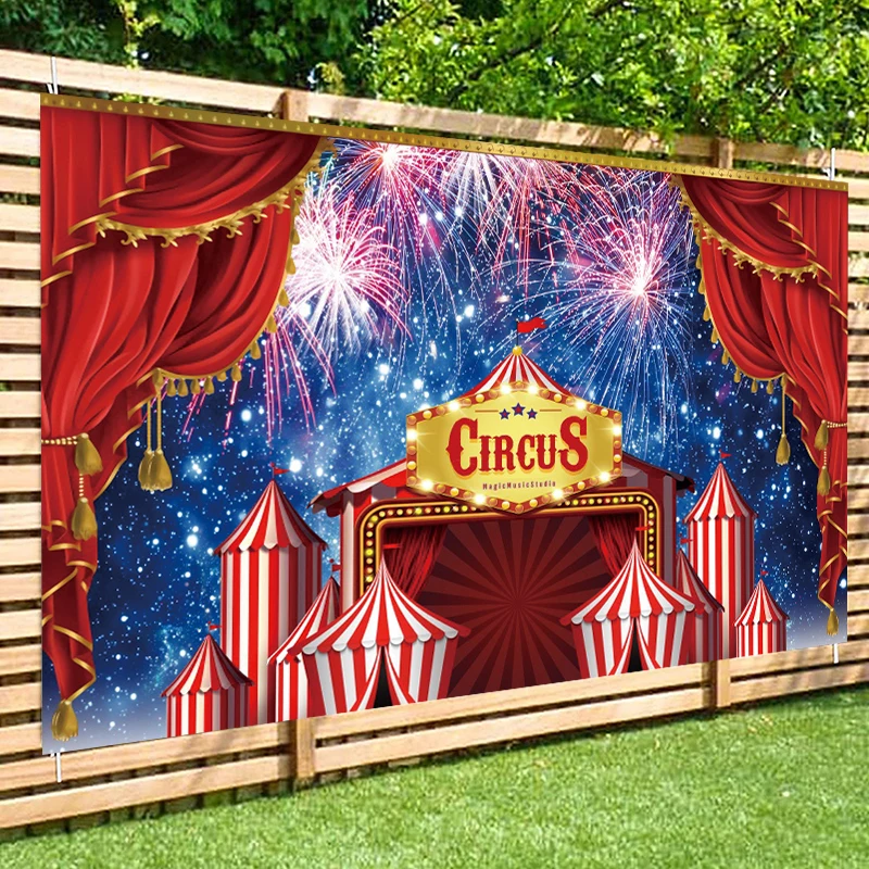 Circus Backdrop Photography Rectangular Cover For Cake Smash Party Custom Background Red Stripes Tent Fireworks Carnival Photo