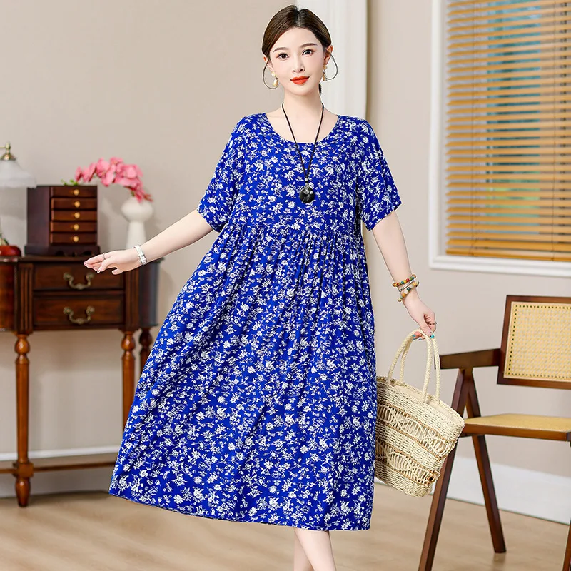 

Vintage Printed Women's Nightgown Loose Cotton Sleepwear Woman Short Sleeve Summer Night Dress Large Size Home Clothes XL-5XL