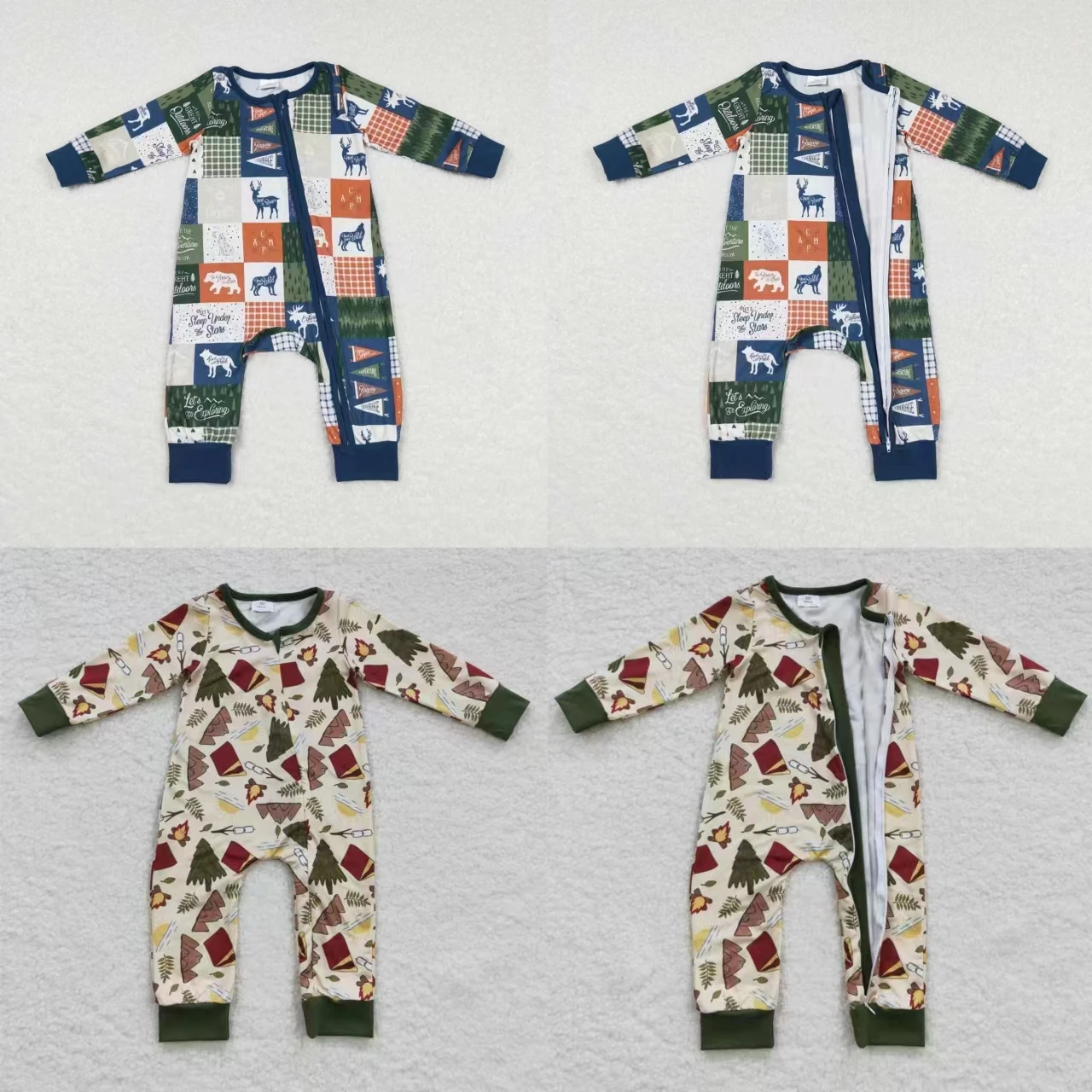 

Wholesale Baby Boy Zipper Long Sleeves Romper Kids Toddler One-piece Newborn Coverall Bodysuit Snap Botton Camping Jumpsuit