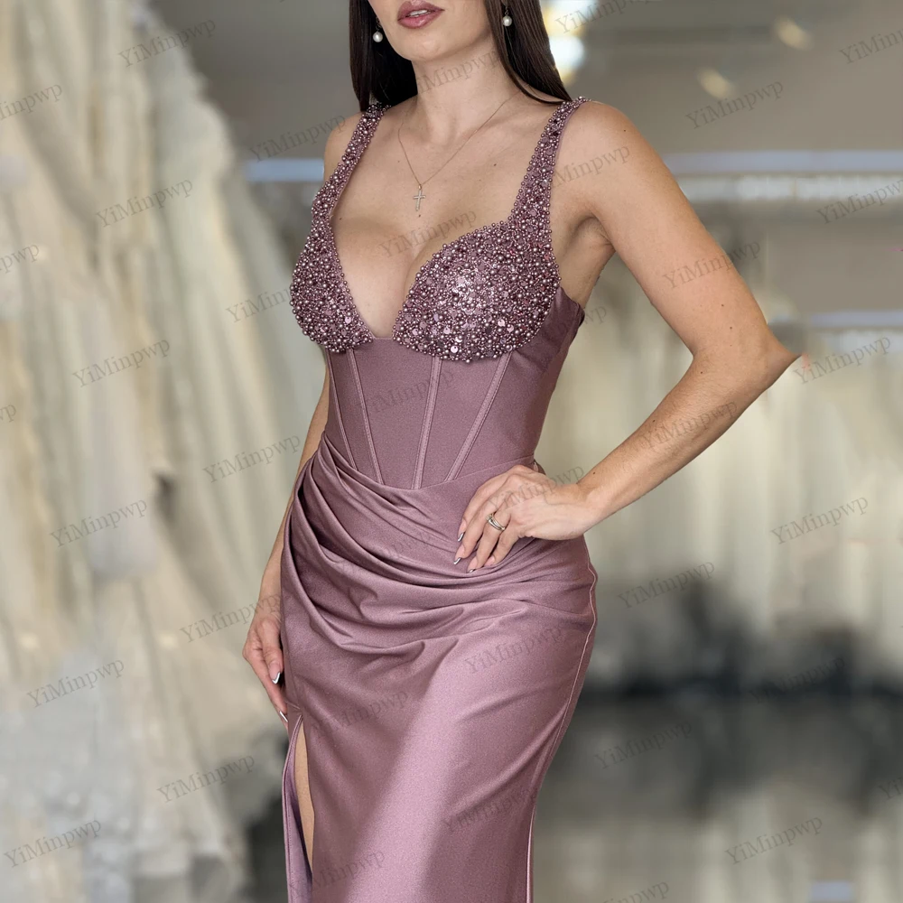 

Mermaid Sexy Evening Dress Pleats Prom Dress Straps V-Neck Satin Formal Celebrity Gala Dress Customized vestidos de fiesta