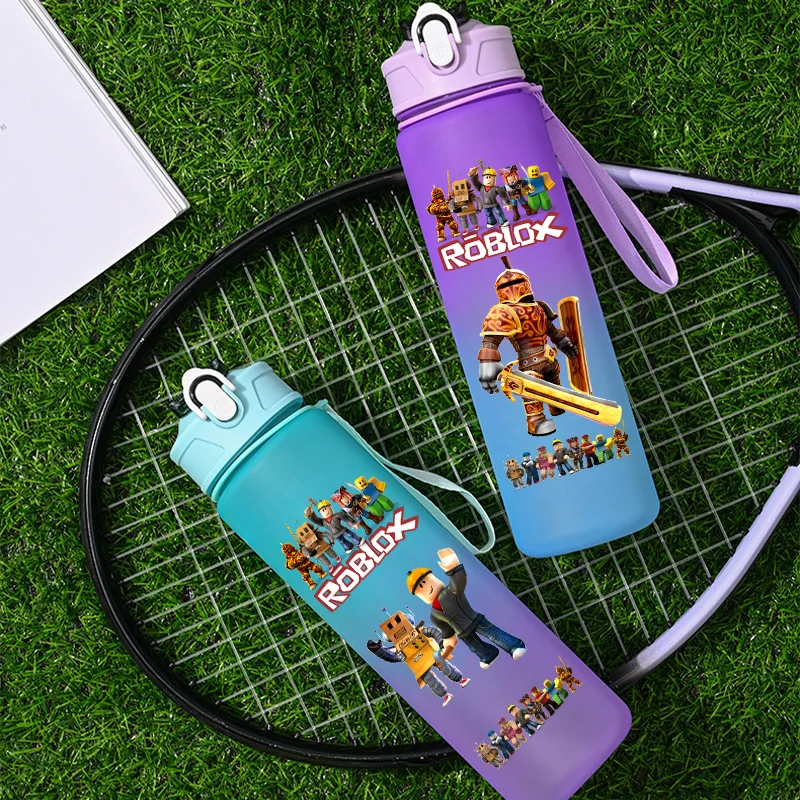 Botella de agua con pajita de dibujos animados de Roblox, 750 ml, color degradado, para estudiantes, artículos de uso diario, regalo para niños.