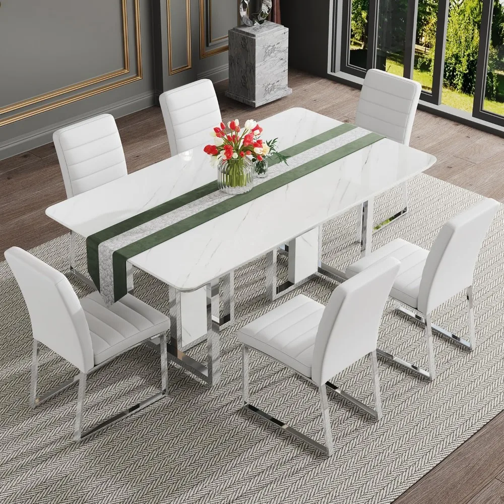 

Deluxe Kitchen Dining Table Set, Equipped with A 1.8-inch Thick Imitation Marble Tabletop and 6 PU Leather Cushioned Chairs