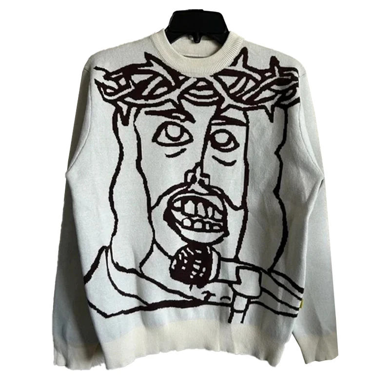 

Cross border melancholy second-generation cartoon portrait sweater, men's and women's loose round neck knitted sweater